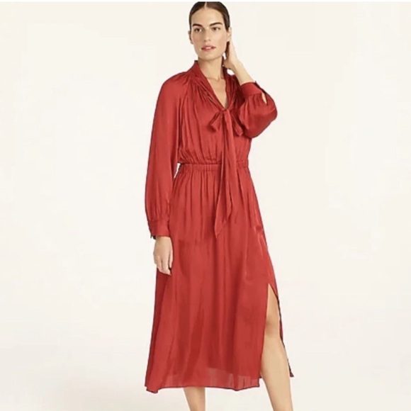 J. Crew Dresses & Skirts - J Crew Featherweight Maxi Long Sleeve Satin Tie-neck Dress In Deep Ruby XS